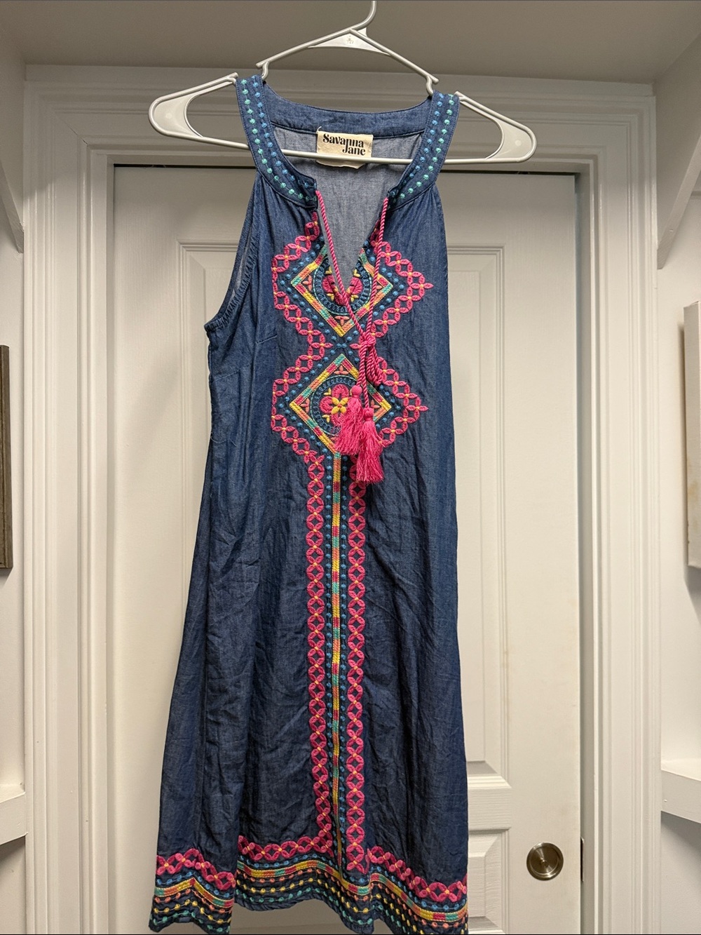 Savanna Jane Blue Midi Dress with Pink & Teal Embroidery